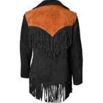 Women Suede Leather American Native Style Jacket Fringed - Black & Brown - Image 2