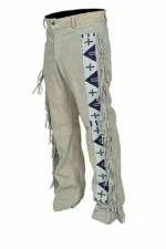 Men Native American Western Cowboy Leather Pants Suede Fringe Full Leg Beaded