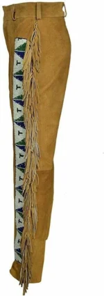 Men Native American Western Cowboy Leather Pants Suede Fringe Full Leg Beaded - Image 2