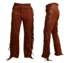 Men Native American Western Cowboy Leather Pants Suede Full Leg Fringe - Pockets