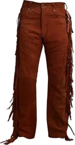 Men Native American Western Cowboy Leather Pants Suede Full Leg Fringe - Pockets - Image 2