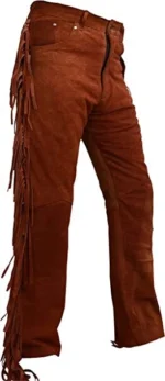 Men Native American Western Cowboy Leather Pants Suede Full Leg Fringe - Pockets - Image 3