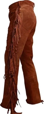 Men Native American Western Cowboy Leather Pants Suede Full Leg Fringe - Pockets - Image 4