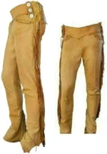 Men Native American Western Cowboy Leather Pants Suede Leg Side Fringe GoldBrown