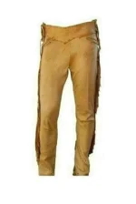 Men Native American Western Cowboy Leather Pants Suede Leg Side Fringe GoldBrown - Image 2