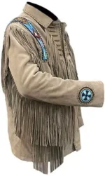 Men Western Cowboy Suede Fringe Jacket Beaded Native American Leather Jacket - Image 2