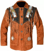 Men Western Cowboy Suede Fringe Jacket Beaded Native American Leather Jacket