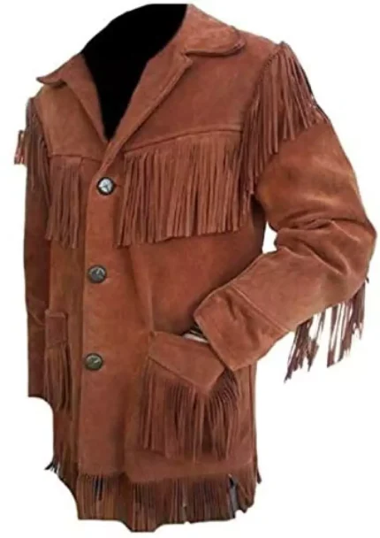 Men Western Cowboy Suede Fringe Jacket Native American Fringe Leather Jacket