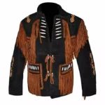 Men Western Cowboy Suede Fringe Jacket Beaded Native American Leather Jacket