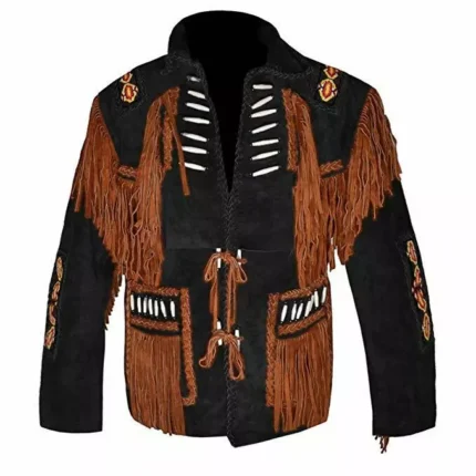 Men Western Cowboy Suede Fringe Jacket Beaded Native American Leather Jacket