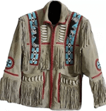Men Western Cowboy Suede Fringe Jacket Beaded Native American Leather Jacket