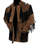 Men Western Cowboy Suede Fringe Jacket Beaded Native American Leather Jacket