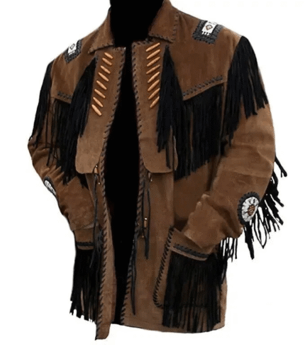 Men Western Cowboy Suede Fringe Jacket Beaded Native American Leather Jacket