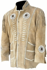 Men Western Cowboy Suede Fringe Jacket Beaded Native American Leather Jacket