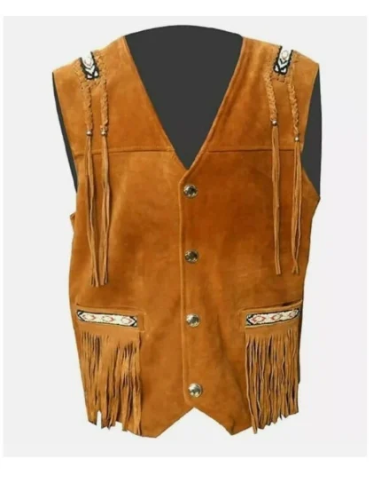 Men Suede Leather Western Style Vest Fringed & Beaded Waistcoat - Tan Brown