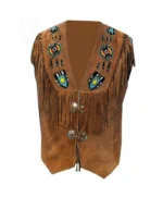 Men Suede Leather Western Style Vest Fringed & Beaded Waistcoat - Brown