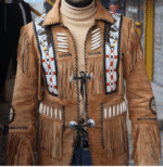 Men Western Cowboy Suede Fringe Jacket Beaded Native American Leather Jacket