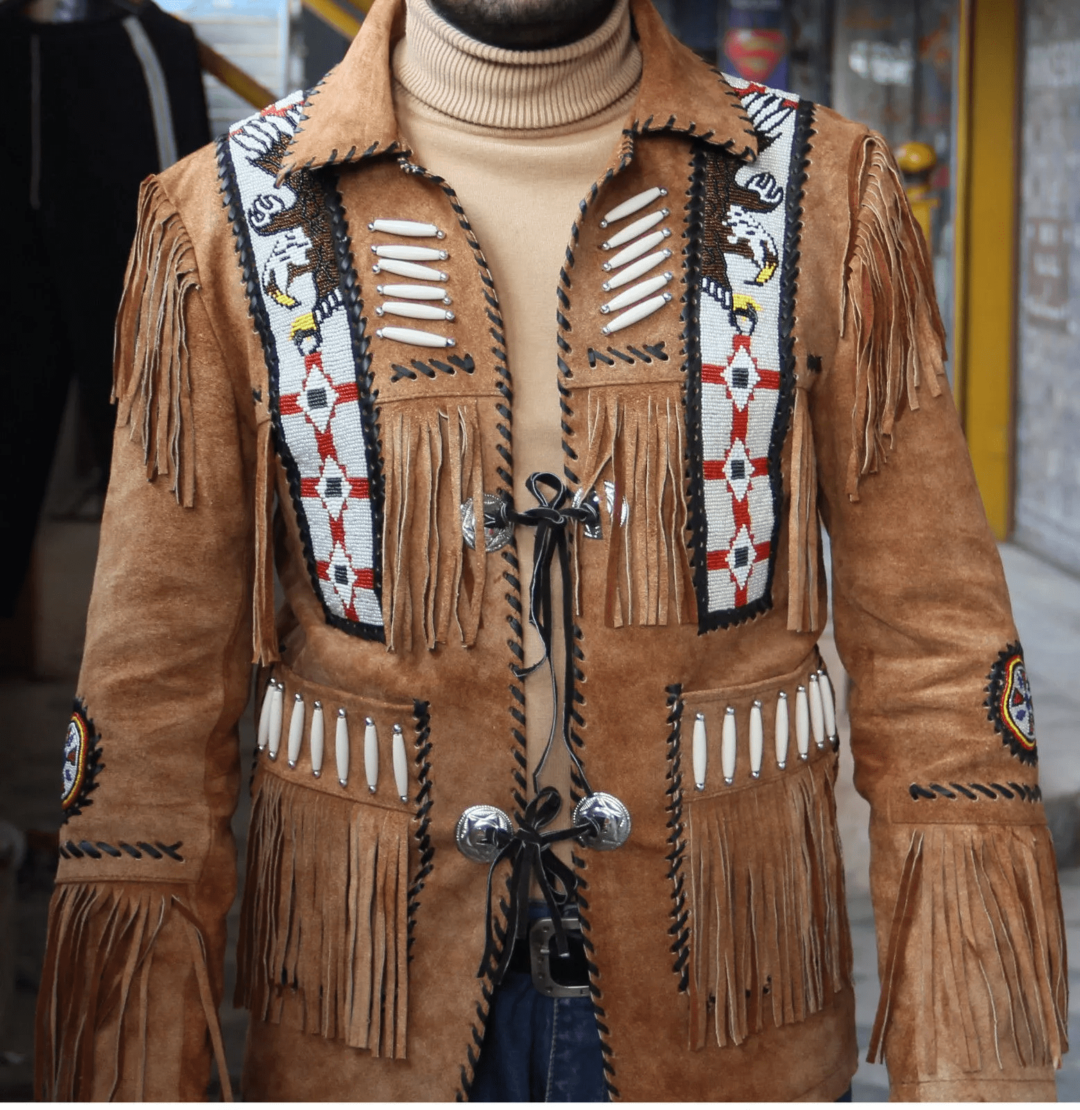 s-l1600 (19) Men Western Cowboy Suede Fringe Jacket Beaded Native American Leather Jacket - Image 1
