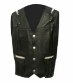 Men Real Leather Western Style Vest Fringed & Beaded Waistcoat - Black Leather