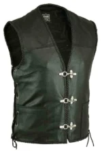 Men Real Leather Black Fish Hook Buckle Side Lace Motorcycle Vest - Waistcoat