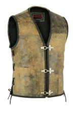 Men Brown Distressed Leather Fish Hook Buckle Side Lace Motorcycle Vest Biker