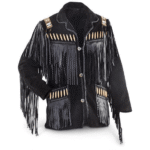 Men Western Cowboy Suede Fringe Jacket Beaded Native American Leather Jacket