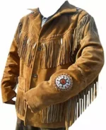 Men Western Cowboy Suede Fringe Jacket Beaded Native American Leather Jacket