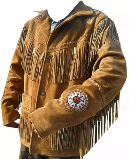 Men Western Cowboy Suede Fringe Jacket Beaded Native American Leather Jacket