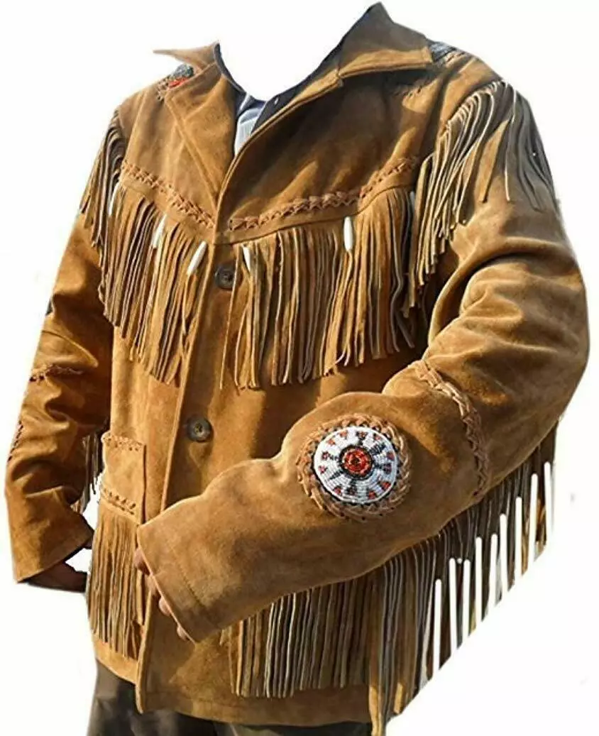 s-l1600 Men Western Cowboy Suede Fringe Jacket Beaded Native American Leather Jacket - Image 1