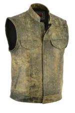 Men Brown Distressed Leather Son Of Anarchy Motorcycle Vest - Biker Waistcoat