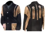 Men Western Cowboy Suede Fringe Jacket Beaded Native American Leather Jacket
