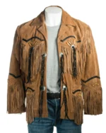 Men Western Cowboy Suede Fringe Jacket Beaded Native American Leather Jacket