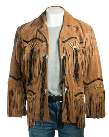 Men Western Cowboy Suede Fringe Jacket Beaded Native American Leather Jacket