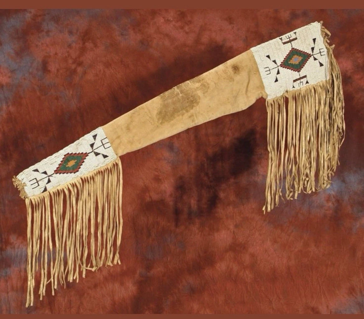 s-l1600 (3) Native Traditional single & Double Barrel Beaded Leather Gun Cover & Friges - Image 1