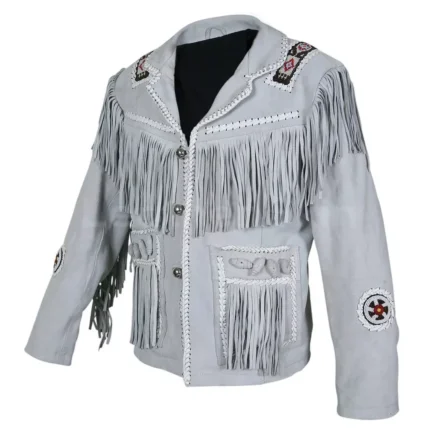 Men Western Cowboy Suede Fringe Jacket Beaded Native American Leather Jacket