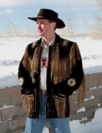 Men Western Cowboy Suede Fringe Jacket Beaded Native American Leather Jacket