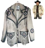 Men Western Cowboy Suede Fringe Jacket Beaded Native American Leather Jacket