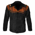 Men Western Cowboy Suede Fringe Jacket Beaded Native American Leather Jacket