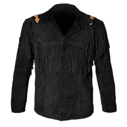 Men Western Cowboy Suede Fringe Jacket Beaded Native American Leather Jacket