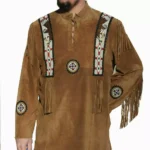 Men Western Cowboy Suede Fringe Shirt Beaded Native American Leather Jacket