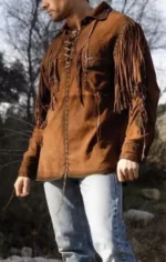 Men Western Cowboy Suede Fringe Shirt Native American Fringe Leather Jacke