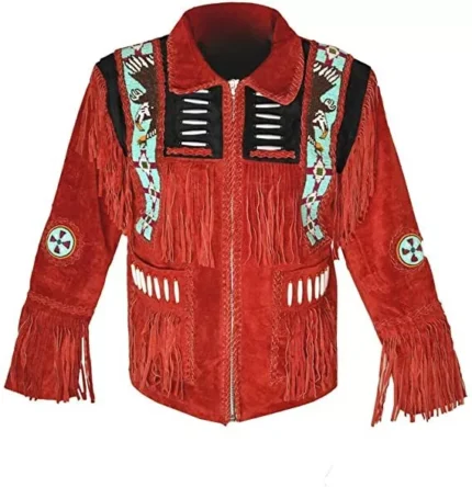 Men Western Cowboy Suede Fringe Jacket Beaded Native American Leather Jacket