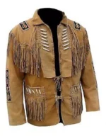 Men Western Cowboy Suede Fringe Jacket Native American Fringe Leather Jacket