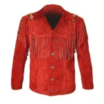Men Western Cowboy Suede Fringe Jacket Beaded Native American Leather Jacket