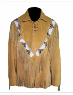 Men Western Cowboy Suede Fringe Jacket Beaded Native American Leather Jacket