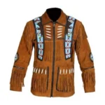 Men Western Cowboy Suede Fringe Jacket Beaded Native American Leather Jacket