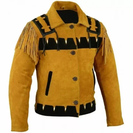Men Western Cowboy Suede Fringe Jacket Beaded Native American Leather Jacket