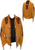 Men Western Cowboy Suede Fringe Jacket Beaded Native American Leather Jacket