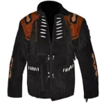 Men Western Cowboy Suede Fringe Jacket Beaded Native American Leather Jacket