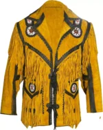 Men Western Cowboy Suede Fringe Jacket Beaded Native American Leather Jacket